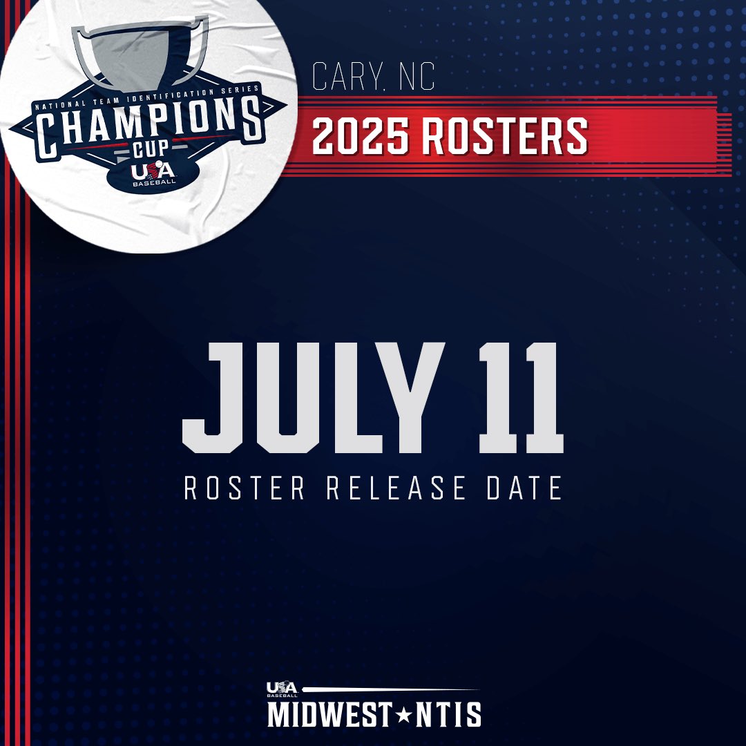 Midwest NTIS (@midwestntis) on Twitter photo All <a href="/USABaseball/">USA Baseball</a> Midwest All-Region Team candidates will receive correspondence from our office by July 10, and rosters will be officially released here on Friday, July 11. Stay tuned!
#USABaseball🇺🇸 #MidwestDugout⚾️ All <a href="/USABaseball/">USA Baseball</a> Midwest All-Region Team candidates will receive correspondence from our office by July 10, and rosters will be officially released here on Friday, July 11. Stay tuned!
#USABaseball🇺🇸 #MidwestDugout⚾️