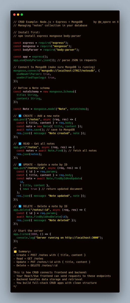 e_opore's tweet image. A clear, beginner-friendly backend CRUD example using Node.js + Express + MongoDB.