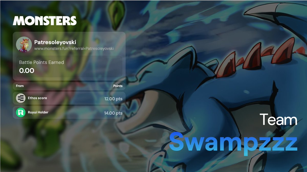 Train, battle and earn with AI-powered monsters on @Monstersdotfun.

Battle Points claim is live and I'm stacking points in real-time.

Claim yours and use my link for bonus points -&gt; monsters.fun/?referral=Patr…