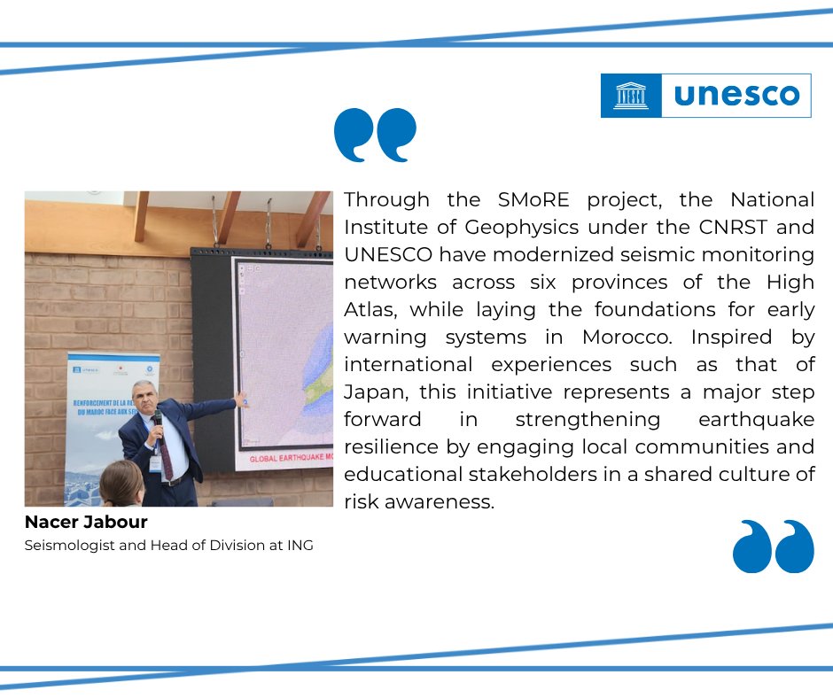 Thanks to the #SMoRE project, Morocco laid the groundwork for early warning systems while modernizing its seismic networks.

Inspired by the Japanese model 🇯🇵, this initiative combines technology, education, and local engagement to strengthen resilience.

#UNESCOxPartners