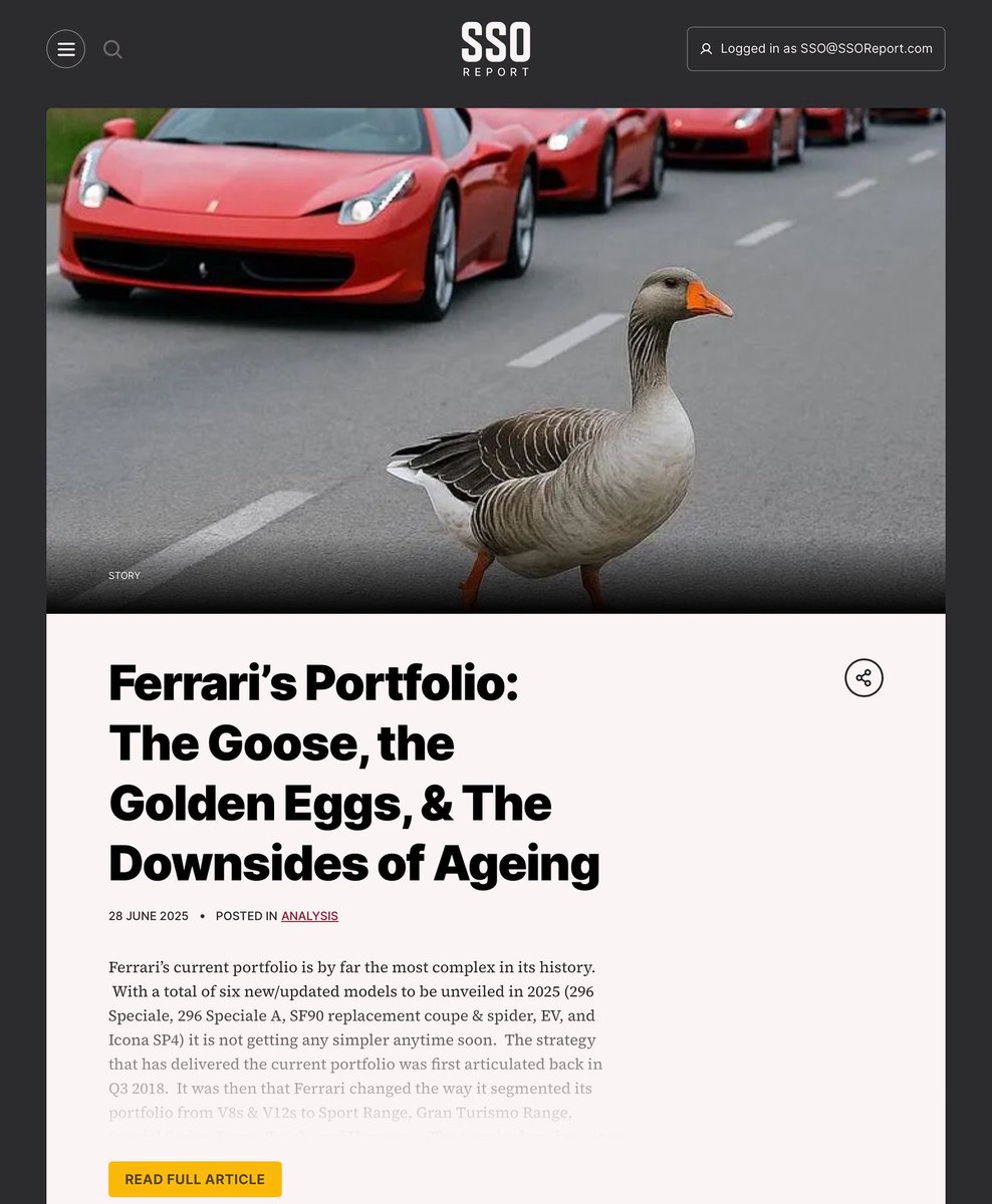 SupercarOwner's tweet image. Ferrari’s current portfolio is by far the most complex in its history. Will what’s worked for the past decade be as successful in the next? A few thoughts on this..ssoreport.com/ferrari-portfo… @Ferrari