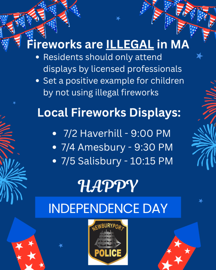 Newburyport Police Remind Residents that Fireworks are Illegal Statewide: Newburyport, MA — As we approach the Independence Day holiday, City Marshal Matthew Simons wants to remind all residents that the private use of fireworks… newburyportpolice.com/2025/07/02/new…