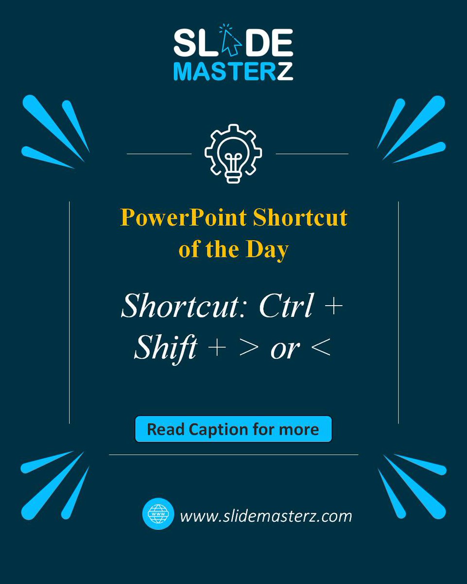 SlidemasterzT's tweet image. 🔡 Resize your text like a pro with Ctrl + Shift + &amp;gt; to increase or &amp;lt; to decrease!

Read our blogs for more: slidemasterz.com/powerpoint-blo…

#TypographyTips #PowerPointDesign #SlideMasterz  #PowerPointTricks #PowerPointTips #freepowerpointtemplates #SlideDesign #PowerPointShortcuts