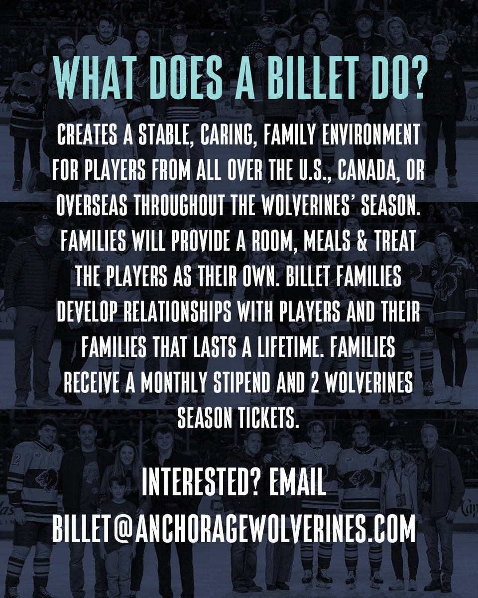 Anchorage Wolverines (@anchoragewolve1) on Twitter photo We're looking for billet families to join our team! Host a Wolverines player this season and create a bond that will last a lifetime. #LetsRage
For more information, contact billet@anchoragewolverines.com We're looking for billet families to join our team! Host a Wolverines player this season and create a bond that will last a lifetime. #LetsRage
For more information, contact billet@anchoragewolverines.com