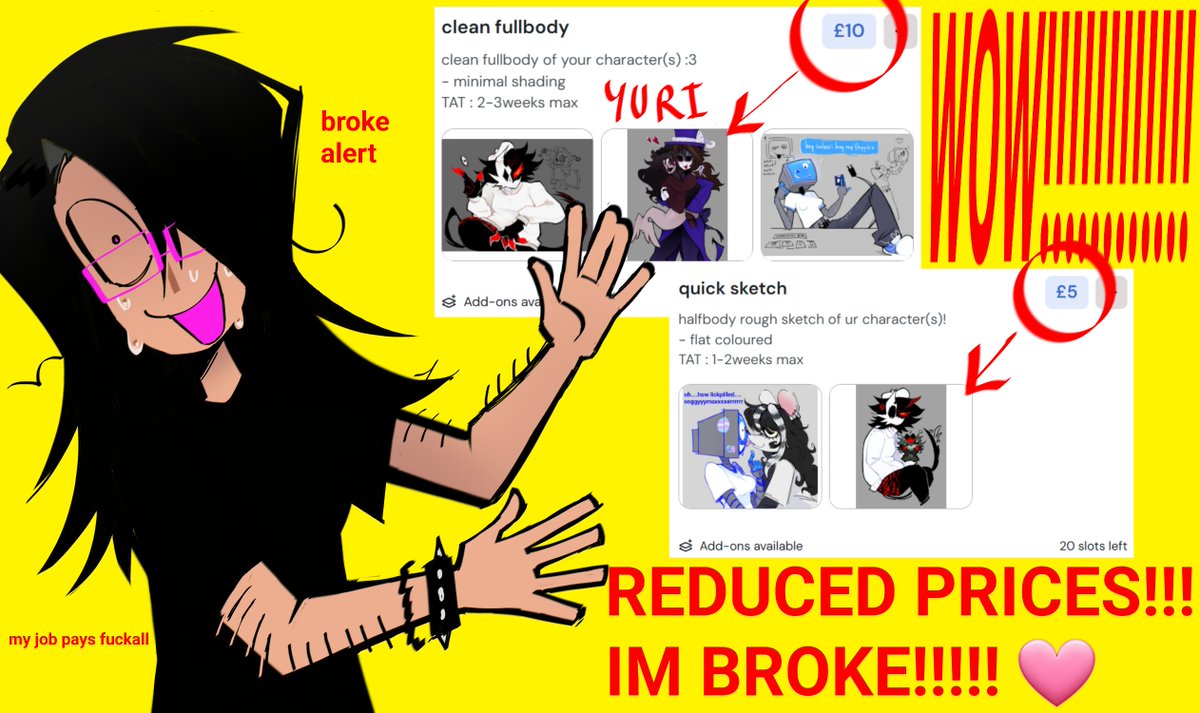 Brykisheaven's tweet image. HELLO EVERYONE im reducing my prices to my comms!! ive ran into financial issues with my family/uni so i really need quick cash 💔 or even just a tip on my k0fi helps!! ill link it below....fr.....tysm for reading aaa