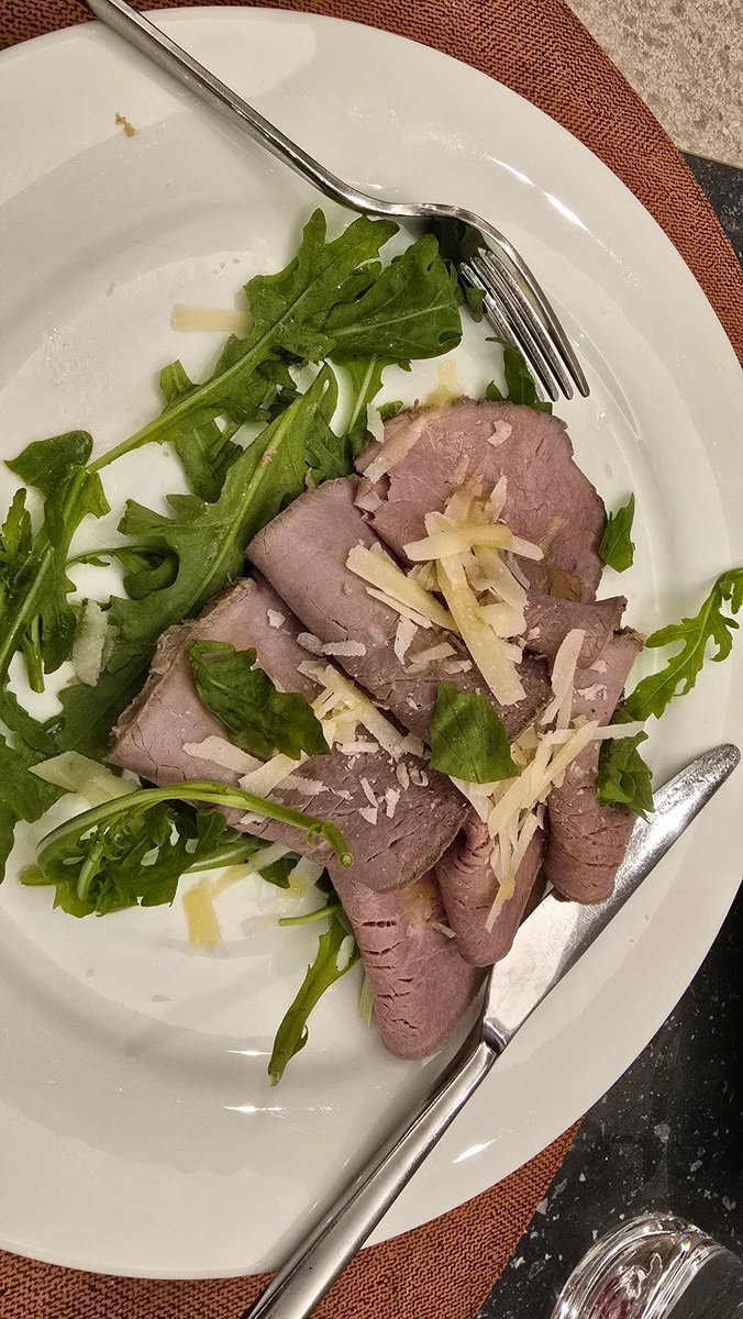 thisnamerocks2's tweet photo. @FlySWISS really struck out today. Delayed, then canceled flight from Rome to Zurich. Puts us in a hotel that keeps losing power due to a nearby wildfire. The "dinner" that was contracted by Swiss for our inconvenience.... 4 pieces of dry roast beef on some old arugula. https://t.co/JQUB2h78Sm