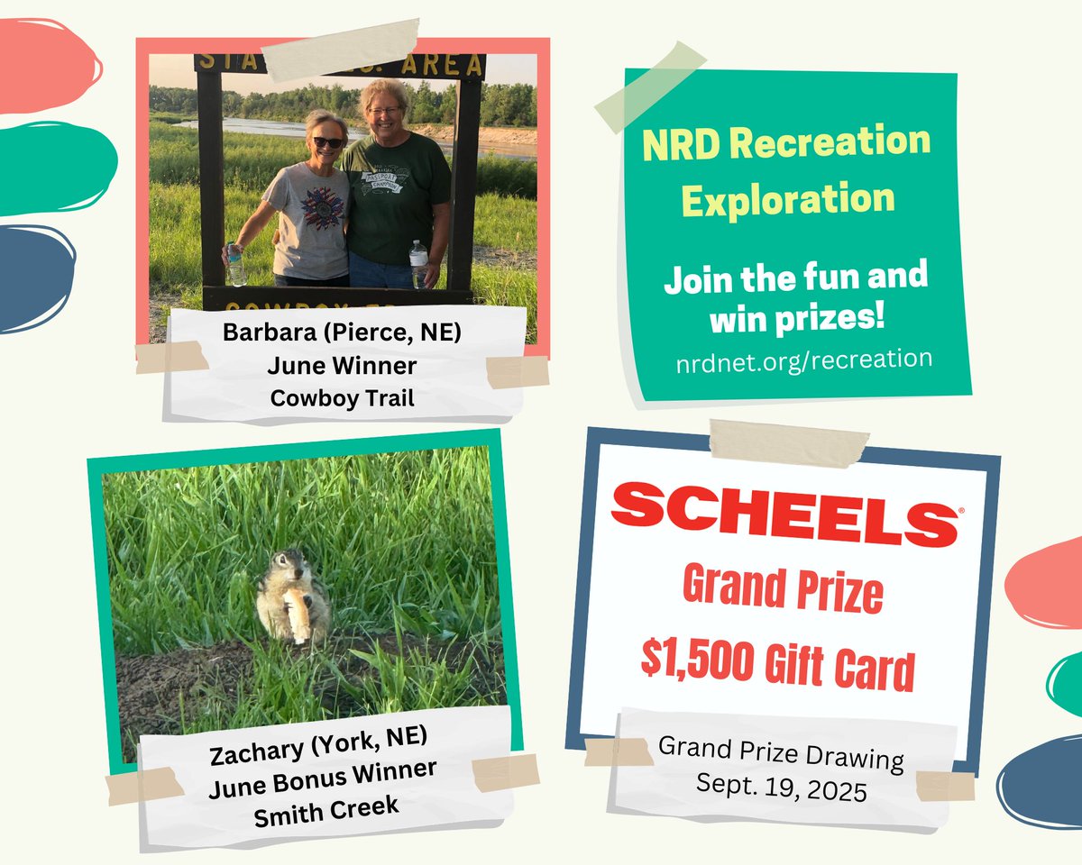 Congratulations to our June NRD Recreation Exploration winners! They will receive a $100 Scheels gift card and have the opportunity to win the grand prize in September.

Learn how to participate here: nrdnet.org/recreation