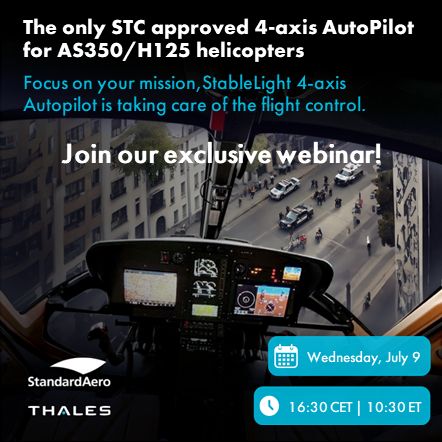 ThalesAerospace's tweet photo. 🚁Revolutionize your flight with #StableLight, the world’s first 4-axis autopilot! #StandardAero and #Thales invite you to an exclusive webinar on Weds July 9 | 16:30 CET | 10:30 ET.
👉 Register here: https://t.co/PPddQT8PC4
📺 See StableLight in action: https://t.co/8EtvA9FVwj https://t.co/QujxGikDty