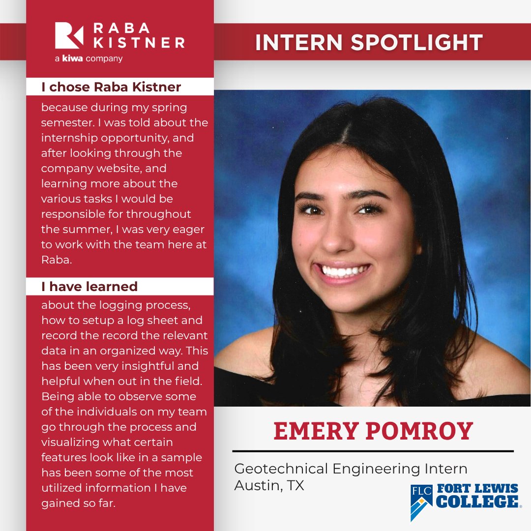 🌟 We’re continuing our 2025 Intern Spotlight series! 

Meet Emery Pomroy, our #Geotechnical #Engineering Intern based in #Austin, TX! Emery is a student at <a href="/FLCDurango/">Fort Lewis College</a> &amp; has been diving into the logging process, learning hands-on fieldwork, and bringing great energy to the team.