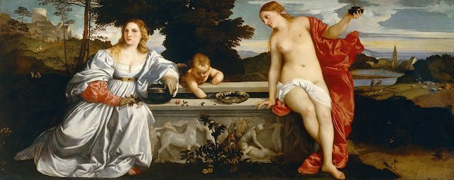 Amor Sacro y Amor Profano. Óleo sobre lienzo.Tiziano.Pintura veneciana del siglo XVI.
Regalo de boda de Niccoló Aurelio a su esposa Laura Bagarotto.Temática filosófica del amor,composición simétrica, armónica y paisajística de colores blanco y amarillo plomo,rojo y azules claros.
