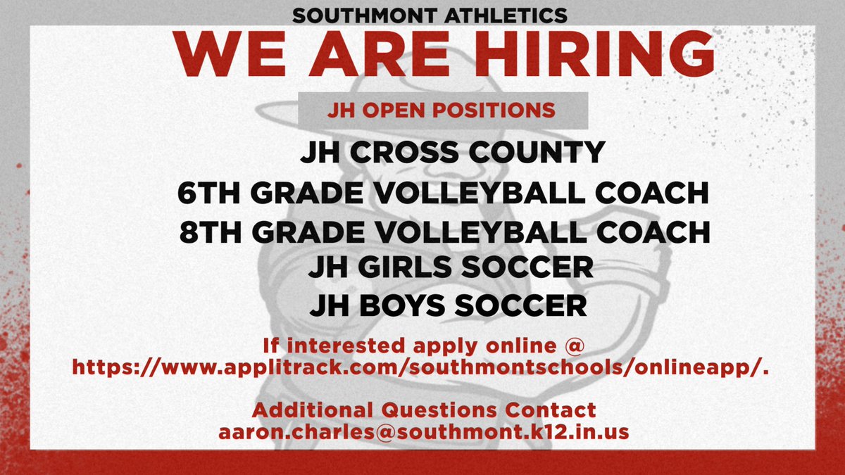 Southmont Junior High is still looking for coaches this fall.  

Apply online @ applitrack.com/southmontschoo….