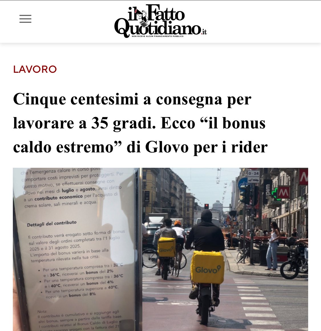 Barbarie capitalista

In un paese civile, a trentacinque gradi sotto il sole, lo svolgimento ogni lavoro inessenziale dovrebbe essere proibito.

Nell’Italia del 2025 hanno pure la faccia tosta di umiliare così, con cinque stronzissimi centesimi, i lavoratori e le lavoratrici.