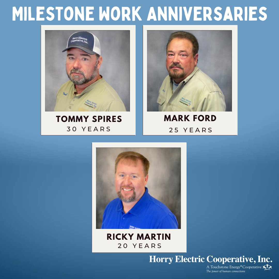 Please join us in congratulating Tommy Spires, Mark Ford and Ricky Martin on their milestone #HECWorkAnniversary celebrations! We appreciate everything you do! #LocalPeopleServingYou #Cooperative
