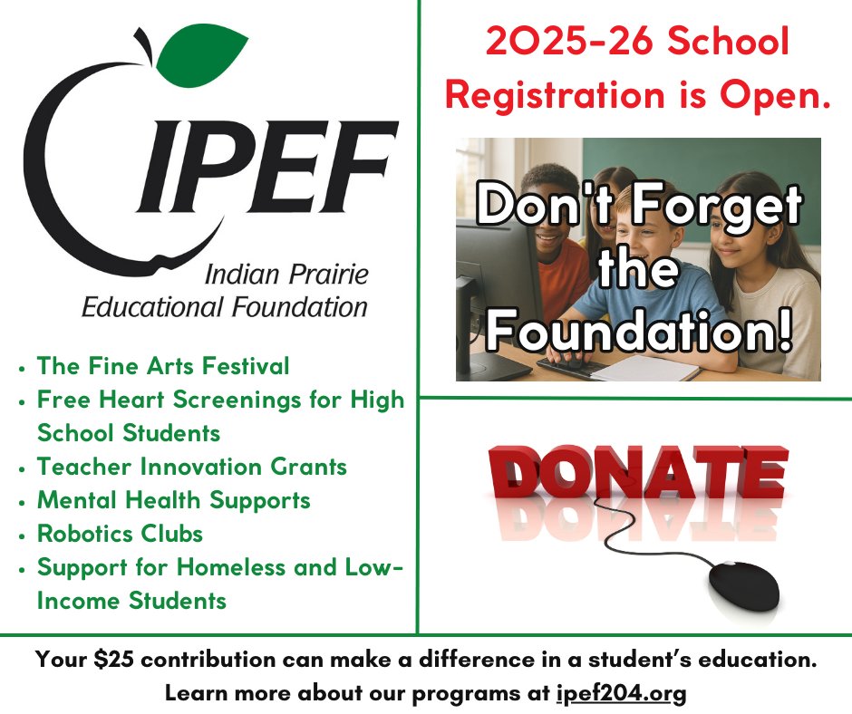 IPEF 204 (@ipef204) on Twitter photo DON'T FORGET THE FOUNDATION when you register for the 25-26 school year! Your $25 donation helps fund vital educational enrichment and student support programs in <a href="/ipsd204/">Indian Prairie 204</a>! With your help, we can help all of our students reach their full potential!
#communitysupport DON'T FORGET THE FOUNDATION when you register for the 25-26 school year! Your $25 donation helps fund vital educational enrichment and student support programs in <a href="/ipsd204/">Indian Prairie 204</a>! With your help, we can help all of our students reach their full potential!
#communitysupport