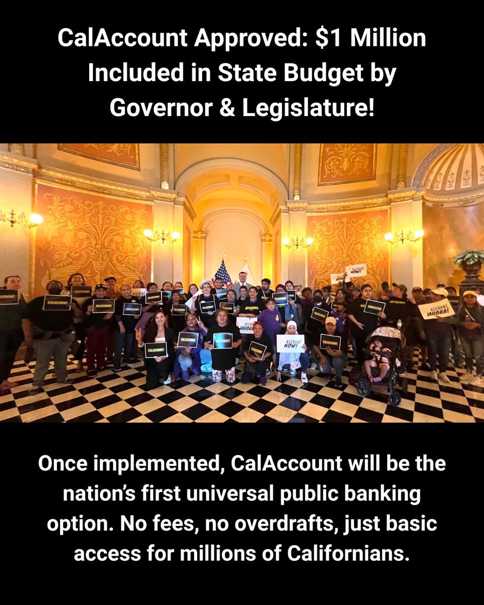 🚨BREAKING: California State Budget includes $1M for CalAccount! The Legislature will move forward with implementing a first-in-the-nation fee-free public banking option for millions of unbanked &amp; underbanked Californians.

seiuca.org/press-releases…