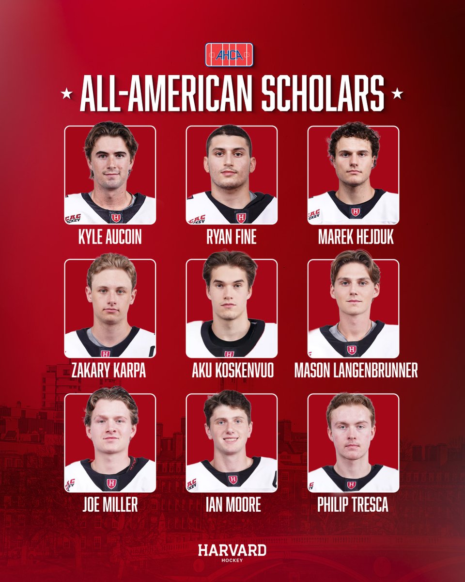 Nine others were also named AHCA All-American Scholars this afternoon 📚

➡️Kyle Aucoin, Ryan Fine, Marek Hejduk 
➡️Zak Karpa, Aku Koskenvuo, Mason Langenbrunner
➡️Joe Miller, Ian Moore, Phil Tresca 
#GoCrimson | #OneCrimson