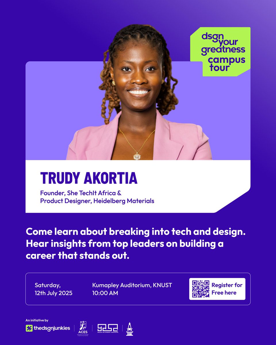 AcesKnust's tweet image. Design Your Greatness Campus Tour ๐ข
๐ฅโจ๏ธ
Meet the second batch of speakers for the event โจ๏ธ๐
Miss Trudy and Master Joshua. You can't wait to hear what they have for us. Stay tuned....
Register Now: lu.ma/vklntwdr