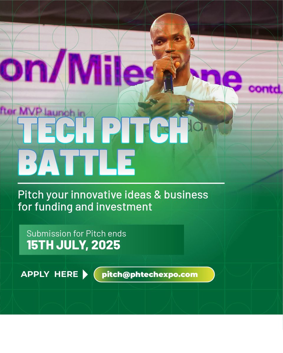 PHEventz's tweet photo. 🔹Tech Pitch Battle
Got a startup or groundbreaking idea? Pitch it for funding and investment.
📩Submit your pitch to: pitch@phtechexpo.com
🗓 Deadline: July 15, 2025 #events#eventz#eventsinph #eventsinportharcourt #portharcourtevent #portharcourteventz #portharcourt #phcity https://t.co/M2nbx05D6M