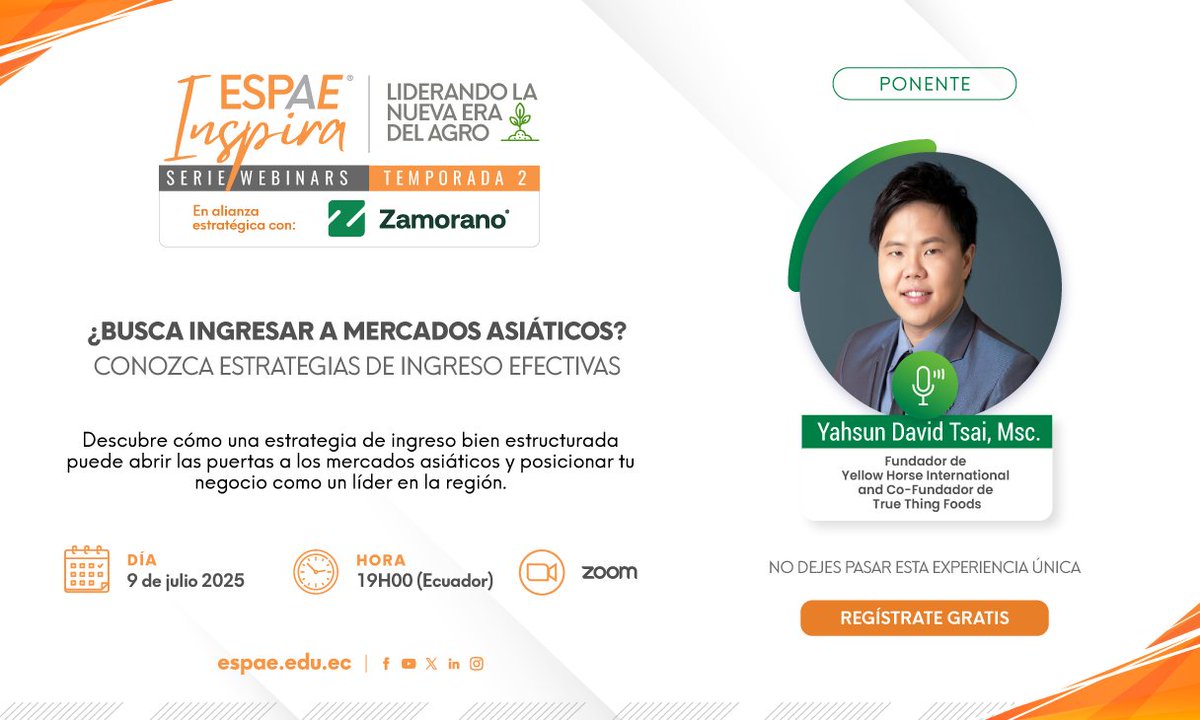 🌏 ¿Te interesa llevar tus productos al mercado asiático?
Únete a nuestro webinar gratuito con: Yahsun David Tsai, MSc., fundador de Horse International and Co. y True Thing Foods.

📌 ¡Regístrate y prepárate para expandir tus horizontes!
bit.ly/webinarmercado…