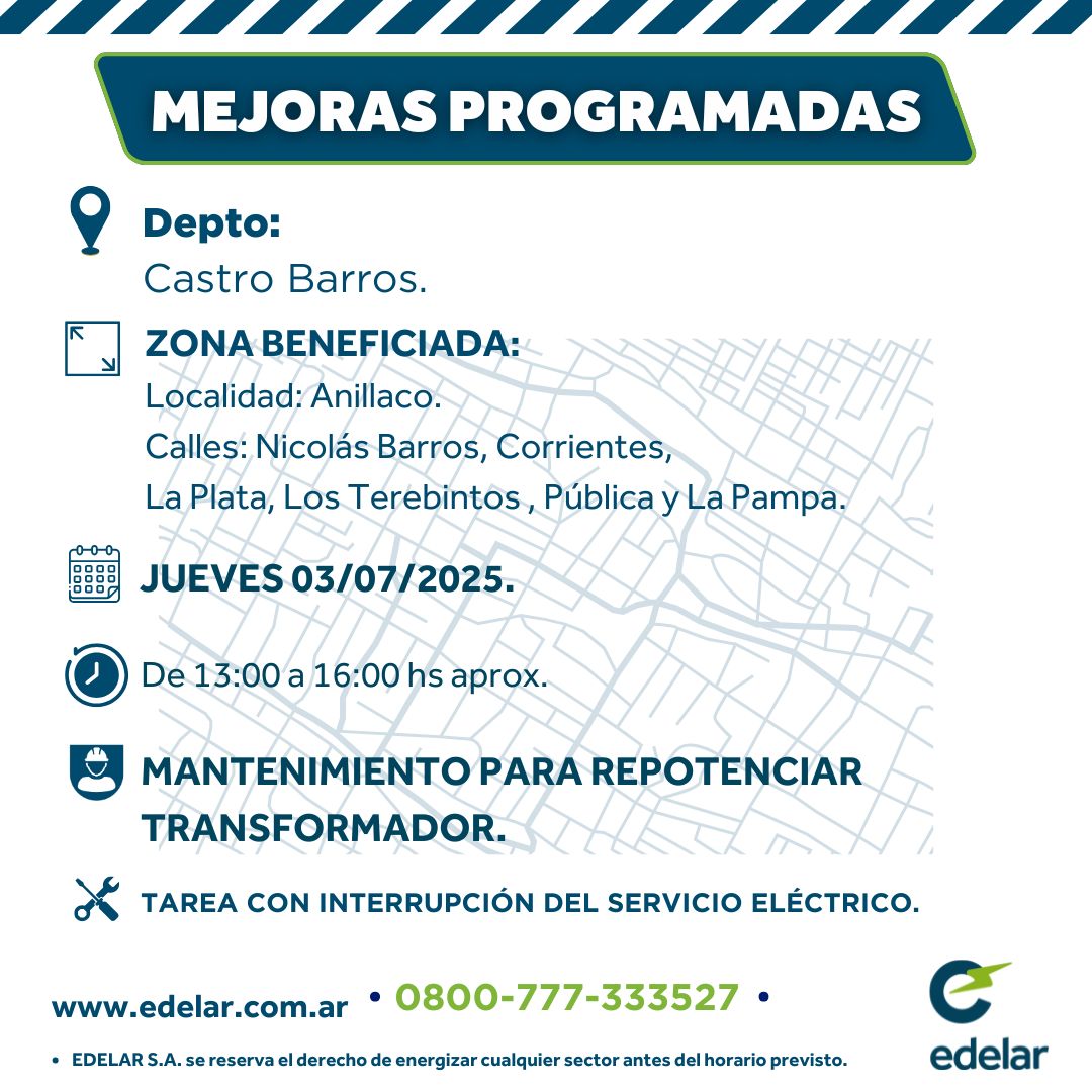 EdelarSAU's tweet image. 👷 #MejorasProgramadas 

📆Semana del  al 30 de junio al 6 de julio. 

📞Les recordamos que por cualquier emergencia o reclamo pueden comunicarse al 0800-777-33352.         

#Edelar #Buenaenergía #LaRioja