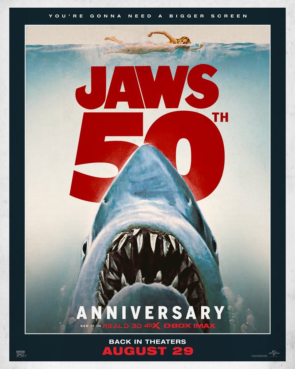 #JAWS is coming back to cinemas!

Celebrate the 50th anniversary of Jaws when the thrilling summer blockbuster returns to theaters in Real D 3D, 4DX and IMAX August 29.
