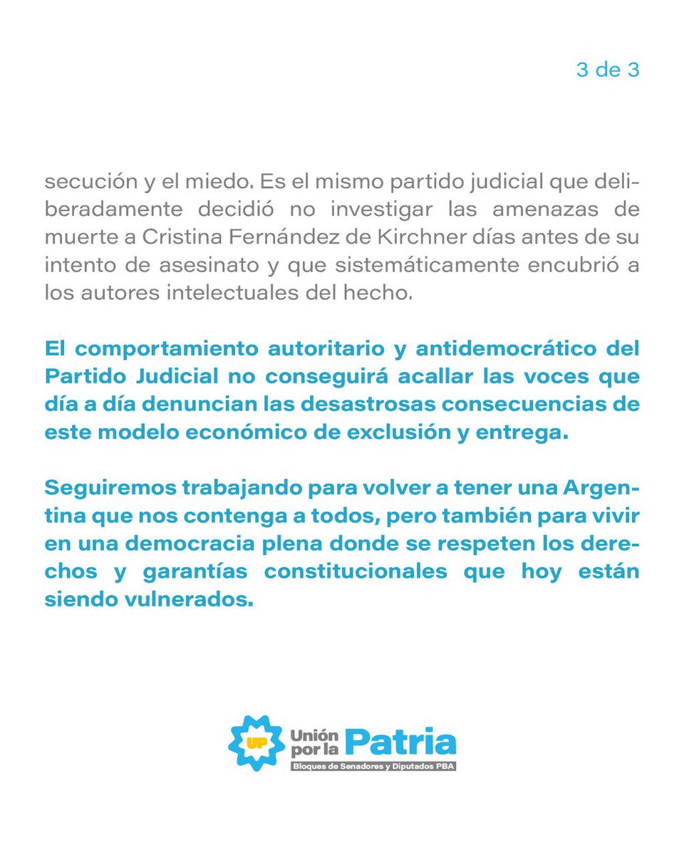 Las y los diputados y senadores de Unión por la Patria de la Provincia de Buenos Aires repudiamos los allanamientos ilegales realizados en casas particulares de militantes políticos y expresamos nuestra absoluta solidaridad con las y los compañeros víctimas de esta persecución.