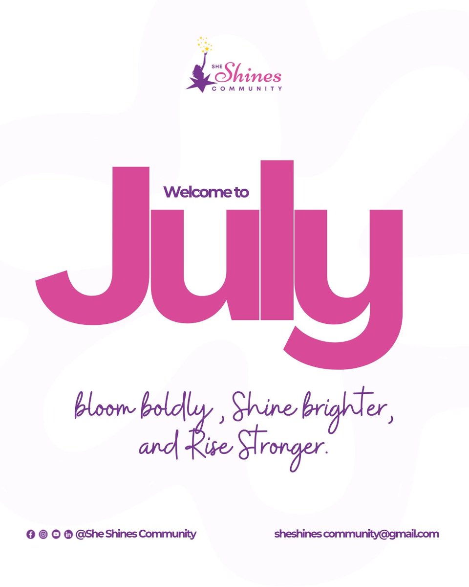 New month, new chances to grow, glow, and walk boldly in purpose.
This July, we’re choosing clarity, confidence, and courage.
As Shine Girls, we aren’t made to dim. we were born to shine and lead ✨
Have a wonderful month ahead 
#HappyNewMonth #SheShinesCommunity #July2025
