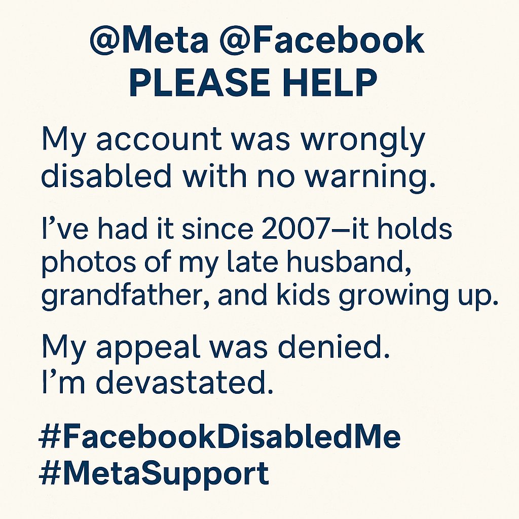 lovable328's tweet photo. @Meta @Facebook — this is heartbreaking.
You deleted my account of 17 years without warning.
My late husband. My grandfather. My kids growing up. All gone.
I NEED help.
#FacebookDisabledMe #MetaSupport
#BringBackMyAccount
@MetaNewsroom @MetaAI https://t.co/KxPVHvlsio
