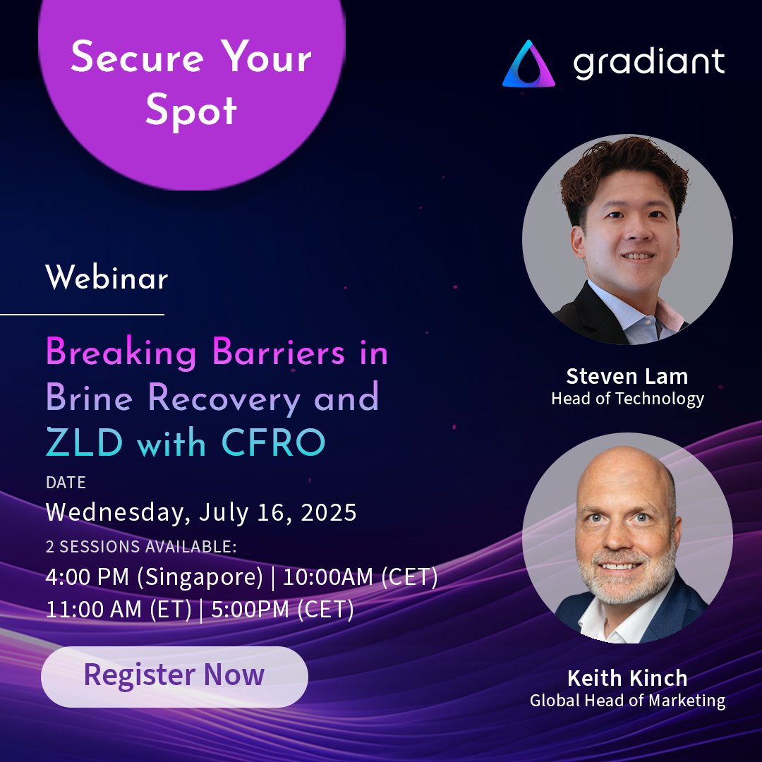 Gradiant (@gradiant_corp) on Twitter photo The future of brine treatment is here.
Join Gradiantās live webinar July 16 to see how advanced concentration tech doubles throughput, cuts energy use, and makes ZLD viableābacked by real results from global leaders like <a href="/archromagroup/">Archroma</a>.
ā”ļø Register: pages.gradiant.com/cfroindustrial⦠The future of brine treatment is here.
Join Gradiantās live webinar July 16 to see how advanced concentration tech doubles throughput, cuts energy use, and makes ZLD viableābacked by real results from global leaders like <a href="/archromagroup/">Archroma</a>.
ā”ļø Register: pages.gradiant.com/cfroindustrialā¦
