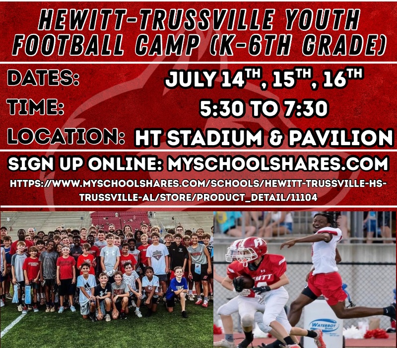 HewittAthletics's tweet image. Calling all future Huskies! Don't miss the Hewitt-Trussville Youth Football Camp for K–6th graders, July 14–16 from 5:30–7:30 PM at HT Stadium & Pavilion! Learn skills, build confidence, and have fun with the HTHS coaching staff and players. Sign up now at myschoolshares.com