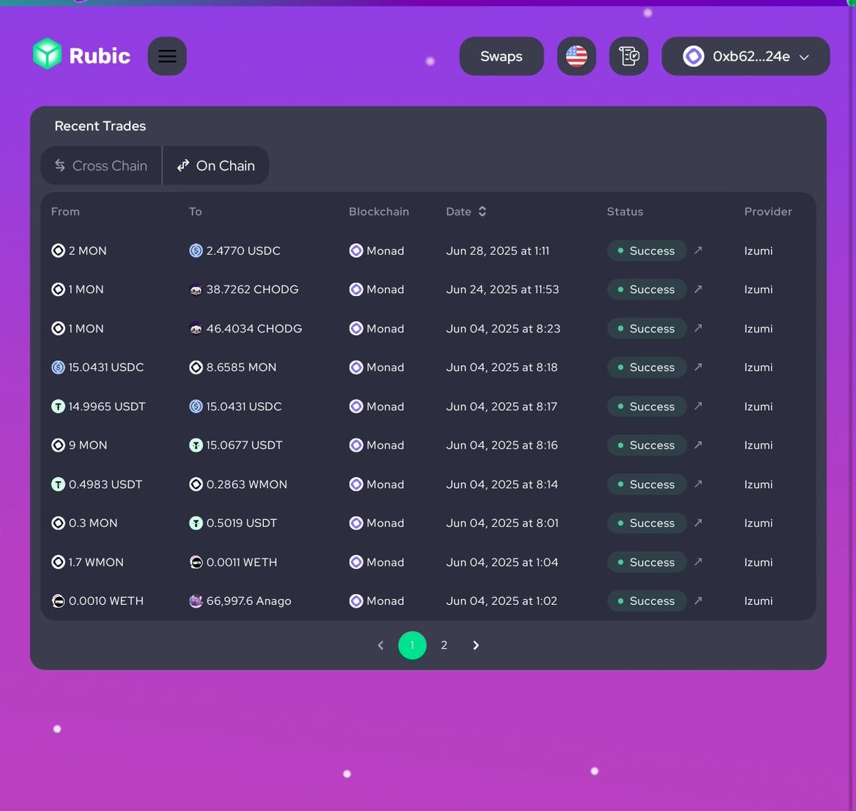 One of the dApps I find interesting on <a href="/monad_xyz/">Monad</a> is <a href="/CryptoRubic/">Rubic</a> 

> Rubic Exchange is an aggregator that finds you the best rates across DEXes, bridges and Intent protocols.
It supports 100+ chains, and 360+ protocols.

> What makes it stand out for me is the background music