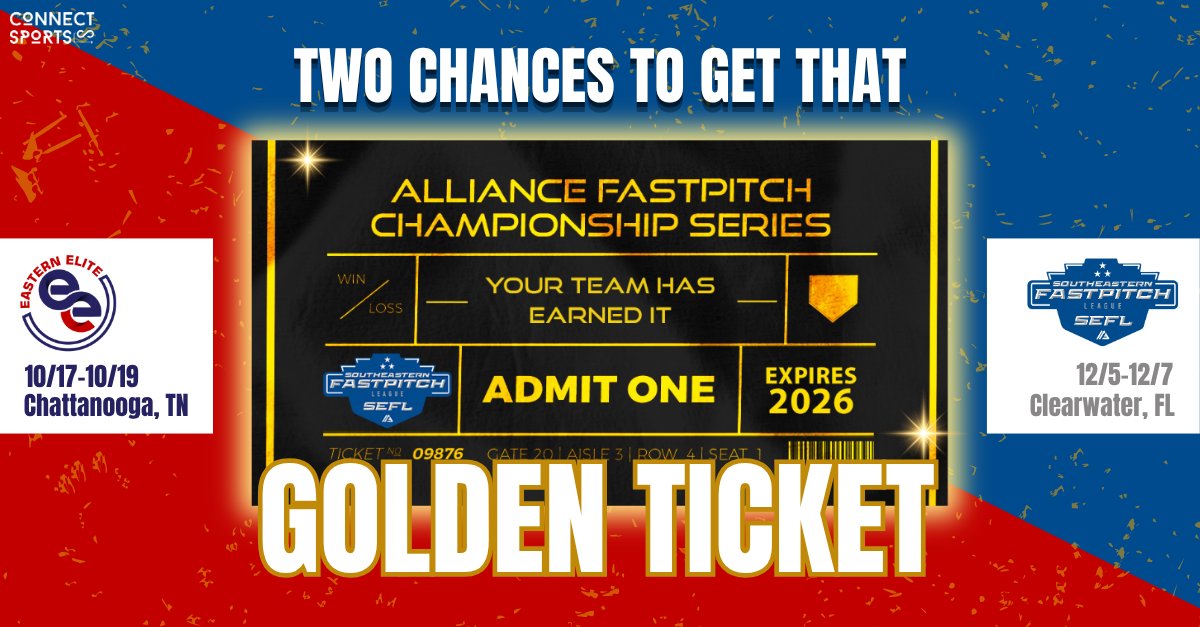 SEFL teams, listen up! 👀 Want a shot at AFCS 2026? This Fall, you've got TWO chances to snag those Golden Tickets with Connect Sports.😮‍💨 Secure your ticket and book your 2026 Nationals Trip before the end of 2025? Yes, PLEASE ‼️  Who's ready? #AFCS2026 #GoldenTicket