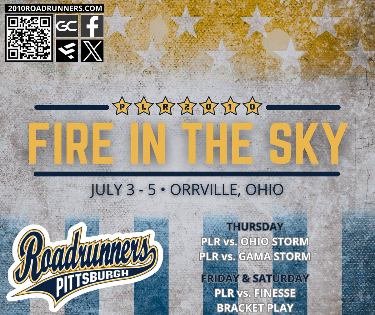 2010Roadrunners's tweet image. The 14U Pittsburgh Lady Roadrunners head to Ohio tomorrow morning to compete in a field of 116-teams at the USA/Alliance Fire in the Sky tournament. Pool play Thursday &amp;amp; Friday with 6-rounds of single elimination bracket play Friday &amp;amp; Saturday. Good luck ladies!  @FIREintheSKYsb