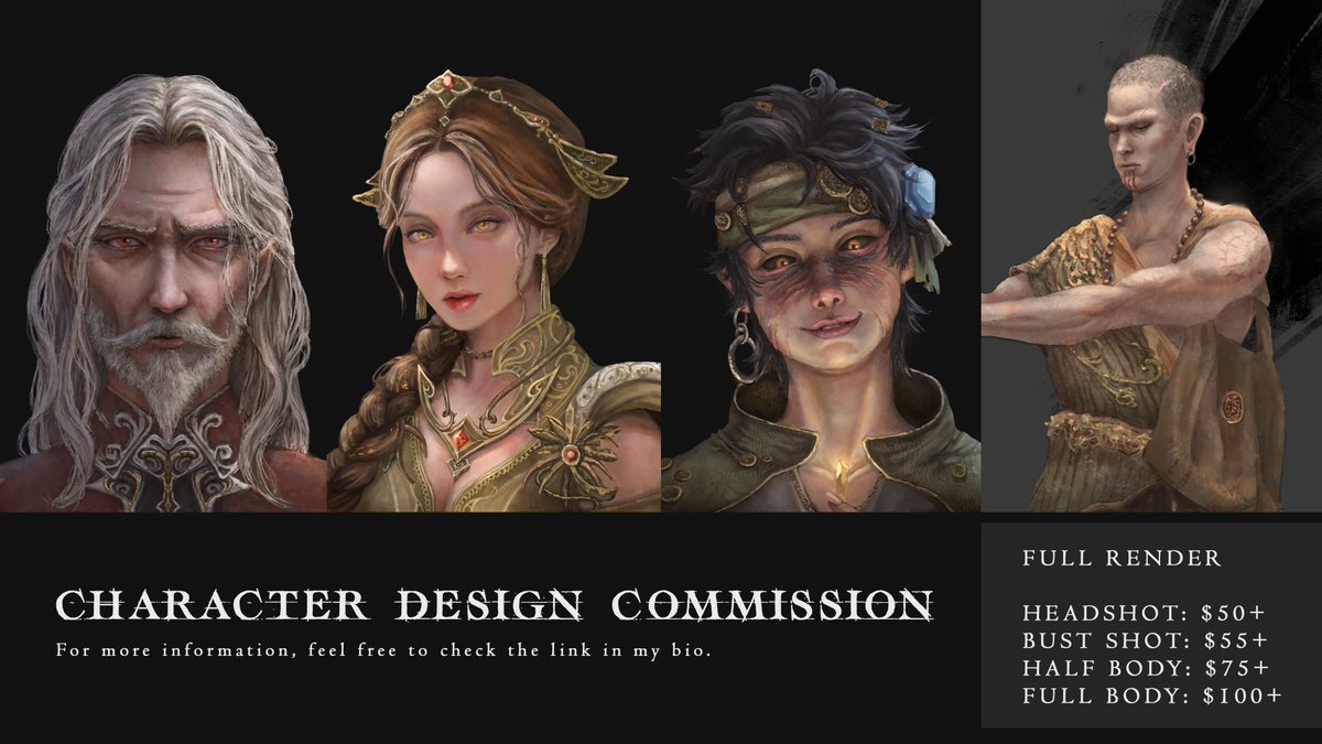 Open for character design commission! 

I'm a Concept Artist who specializes in Fantasy, Soulslike, and also bright and cheerful styles too! ✨

More info and TOS: mooyongzen.carrd.co

#opencommission #SoulsLike #fantasy #characterdesign #commissionart