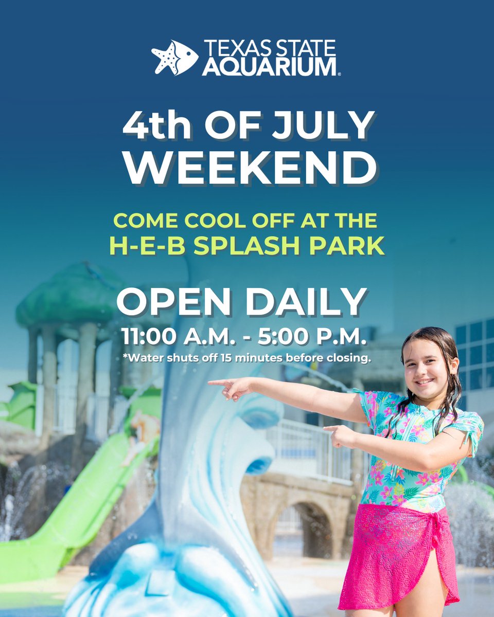 TXStateAquarium's tweet photo. Celebrate your 4th of July weekend with us! 🌟❄️ Stay cool in our air-conditioned spaces, explore over 300 animal species, enjoy exciting animal presentations, and splash around at the H-E-B Splash Park. 
🕙 Open daily from 10:00 a.m. to 5:00 p.m. https://t.co/yzkZj0QNig