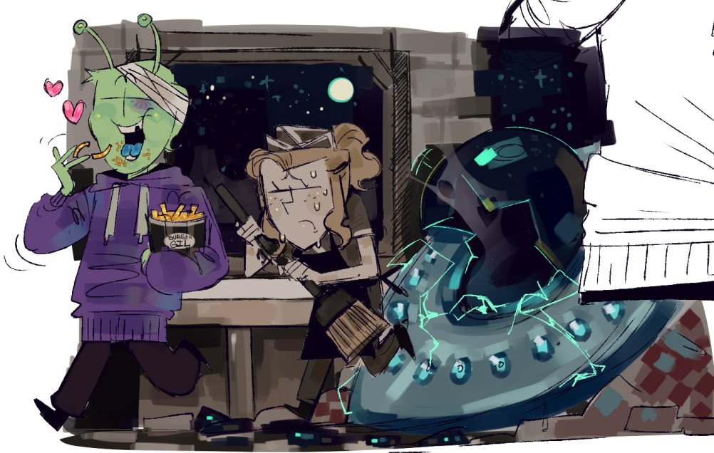 LaeRFoxHaha's tweet image. Quick sketch and gift for @Ketcheye
I liked this oc, he's funny ( and an alien)
He flew into a student's for a snack by accident, only missed and crashed into the wall...
#madnesscombat #oc