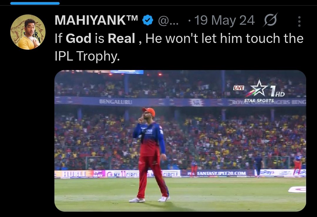 Since this post, Dhoni and his fans have witnessed : 

- India winning T20 WC 
- Virat Kohli Winning POTM In ICC finals
- Pakistan getting humiliated in ICC tournaments
- India Winning Champions Trophy 
- Dhoni getting rawdogged In IPL
- RCB Winning The IPL trophy
