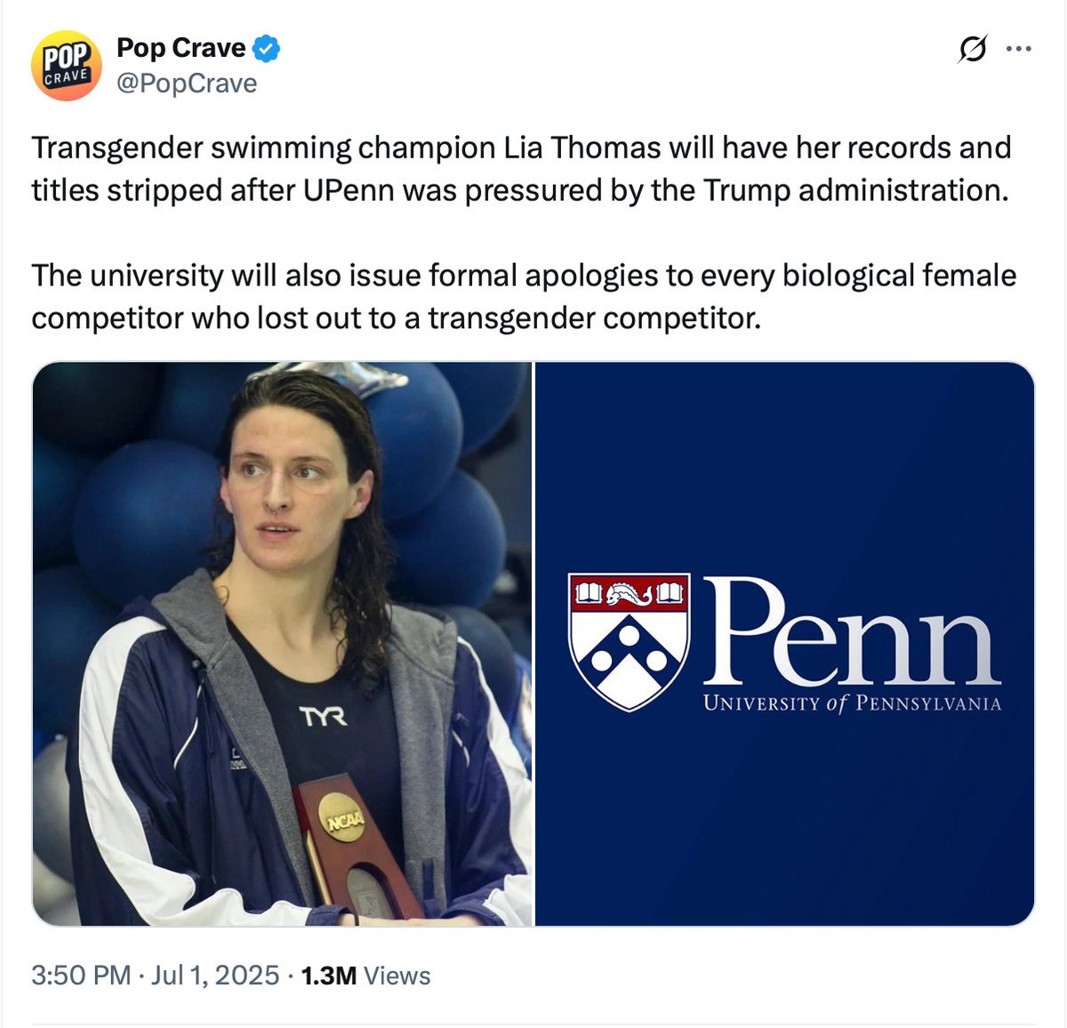 EliErlick's tweet image. The cruelty is the point. Penn clearly doesn't realize that the more they give, the more the Trump admin will take. This is such a gross capitulation that singles out and punishes a young woman for just wanting to swim. Next will be humanities and diversity initiatives.