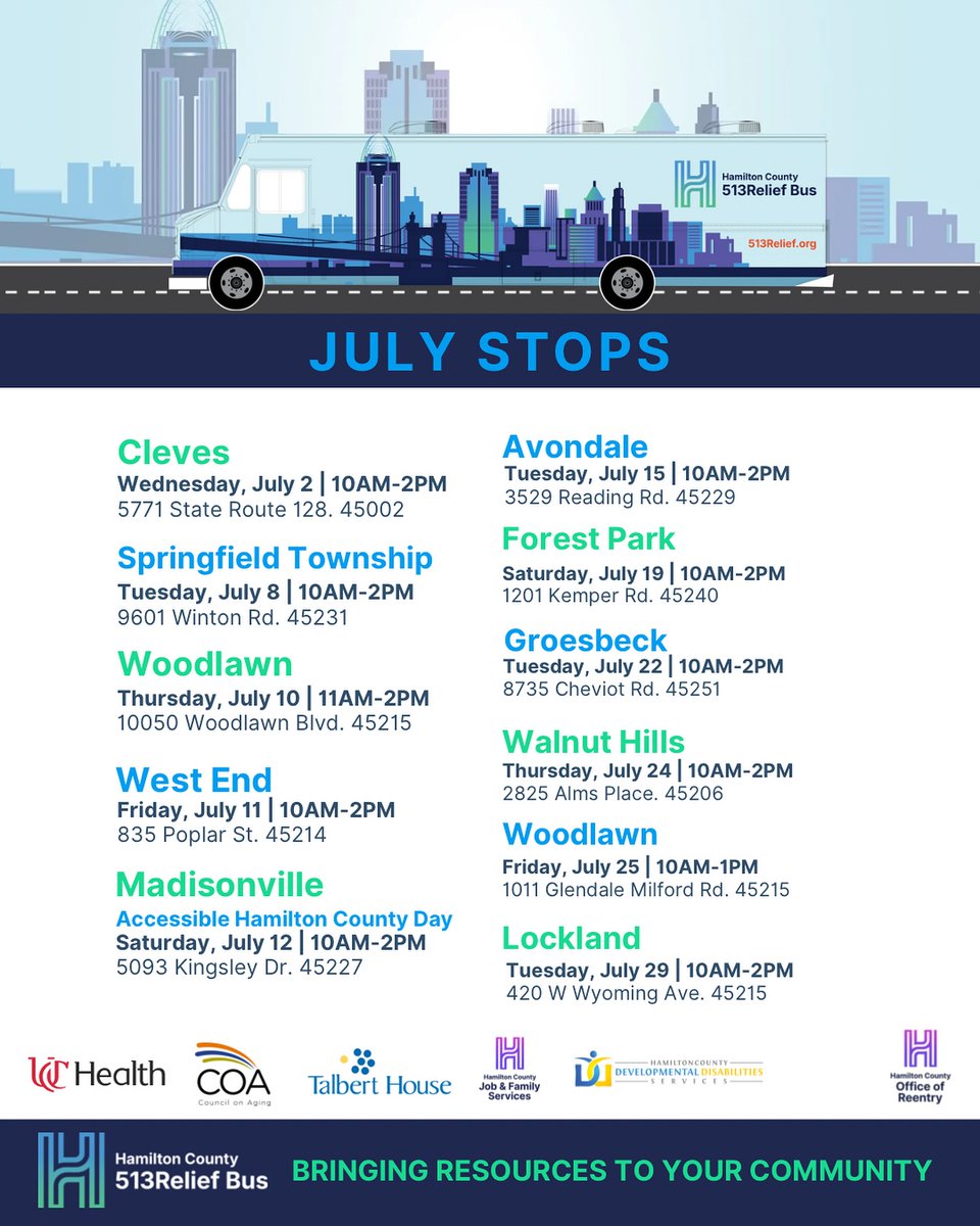 513Relief's tweet image. The 513Relief Bus is hitting the road with 11 amazing stops this month. Each stop offers a unique mix of free resources, services, and support for individuals and families across the county.
Want to see what’s available at each location? Visit 513Relief.org/bus