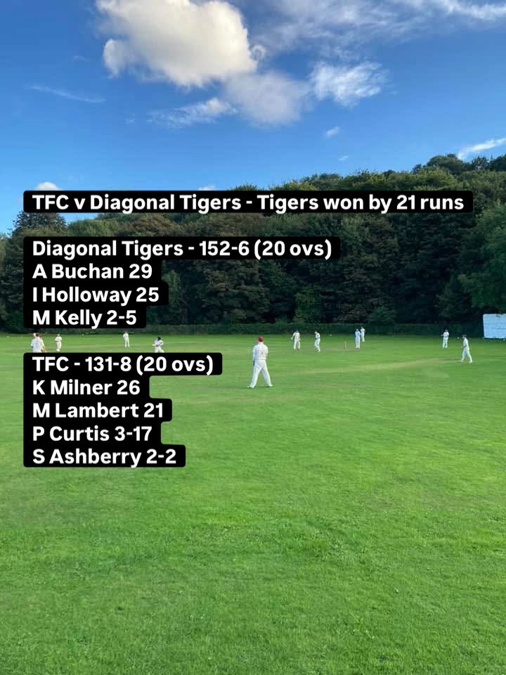 ThanksCricket's tweet photo. TFC fell to a 21 run defeat on Tuesday. Despite a promising start with the ball, @DiagonalTigers finished well and ended up on a challenging 152-6 off  20. Despite Kris Milner’s 26 and some late inns hitting from both Matt Lambert and Dan Gibson, the boys (and Nikki) fell short. https://t.co/rLbP9356Or