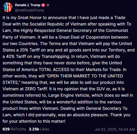 قرارداد جدید با ویتنام:
ترامپ میگه از این به بعد ویتنام ۲۰٪ تعرفه روی محصولاتش به آمریکا پرداخت میکنه. واقعا ویتنام حاضر شده ۲۰٪ تعرفه بده یا در نهایت قیمتها زیاد میشن و مصرف کننده آمریکایی این ۲۰٪ را پرداخت میکنه؟!