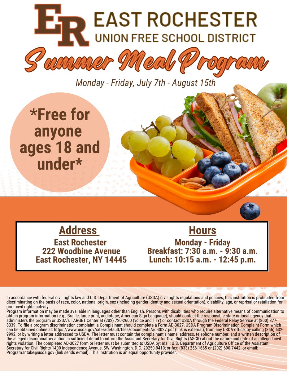This summer, East Rochester USFD will offer free breakfast and lunch to all children and teens ages 18 and under. The Summer Meal Program ensures that every child in our community has access to nutritious meals. 
Find out more here: erschools.org/168695_2?artic…
#WeAreER