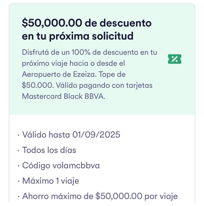 Ahorrando con Lean 🇦🇷 (@ahorrandoandoar) on Twitter photo Cabify
$50.000 DE DESCUENTO para viajes desde y hacia Ezeiza usando <a href="/cabify_arg/">Cabify Argentina</a>, ingresando el cupón: VOLAMCBBVA
Solo válido para clientes <a href="/bbva_argentina/">BBVA en Argentina</a> pagando con MASTERCARD BLACK.
Más info: Cabify
$50.000 DE DESCUENTO para viajes desde y hacia Ezeiza usando <a href="/cabify_arg/">Cabify Argentina</a>, ingresando el cupón: VOLAMCBBVA
Solo válido para clientes <a href="/bbva_argentina/">BBVA en Argentina</a> pagando con MASTERCARD BLACK.
Más info: