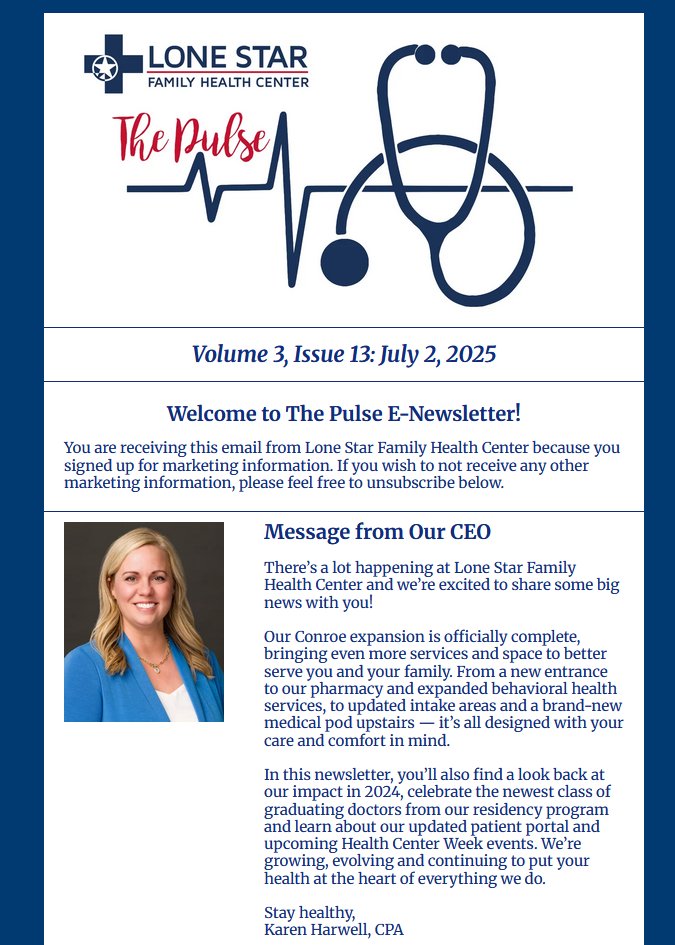 LoneStarHealth's tweet image. Inside Lone Star Family Health's Center Biggest Year Yet - All details are inside the latest edition of The Pulse Newsletter! 🎉 📰
Read all about and subscribe to get all the information! hubs.ly/Q03vGSvP0
#bestyearyet #changes #athenaone #residents #graduation…