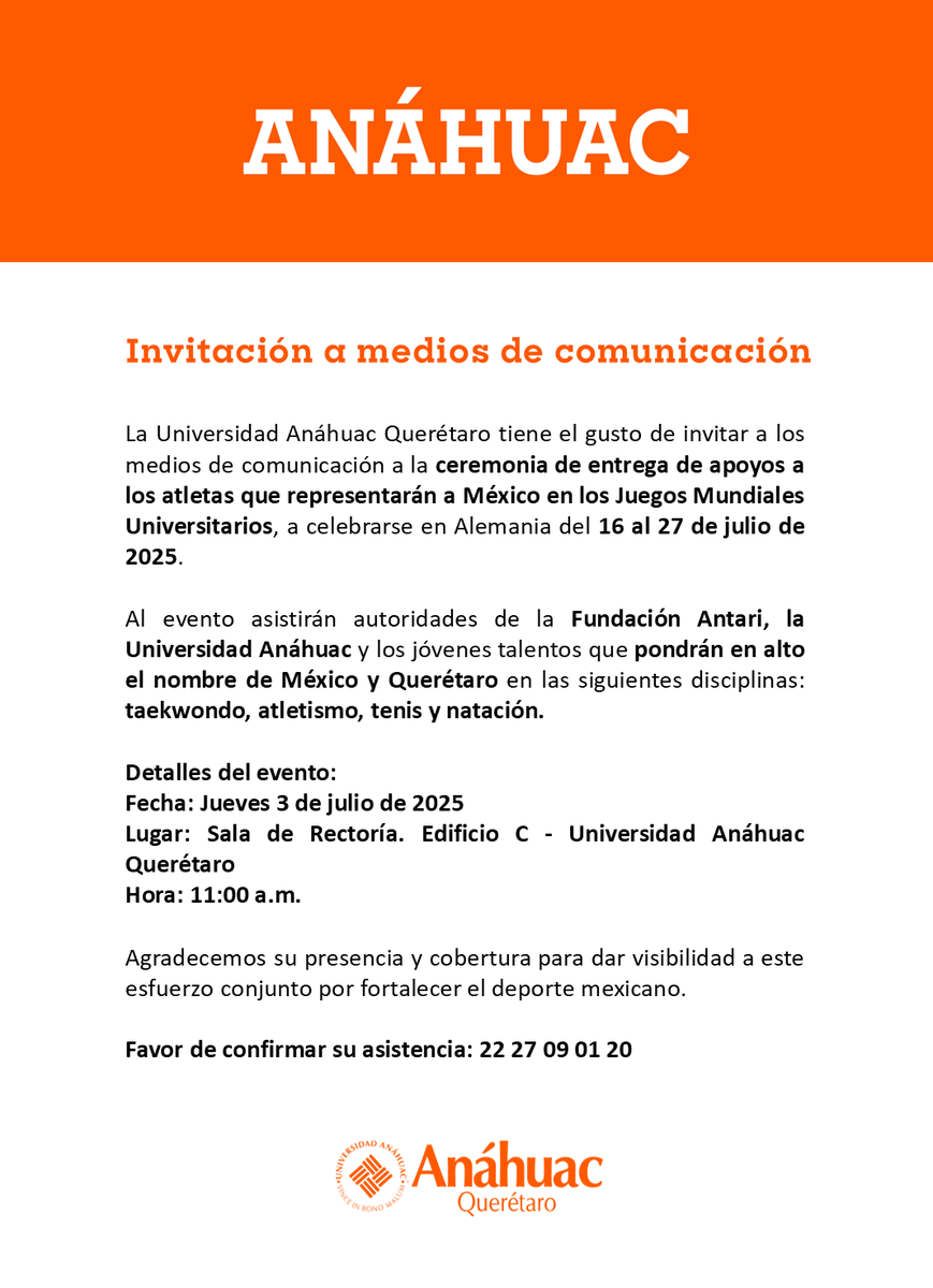 anahuacqro's tweet image. #PRENSA Invitamos a los medios de comunicación a la ceremonia de entrega de apoyos a los atletas que representarán a México en los Juegos Mundiales Universitarios en #Alemania .
¡Acompáñanos y sé parte de este gran momento!
#Deportes #Queretaro @FISU