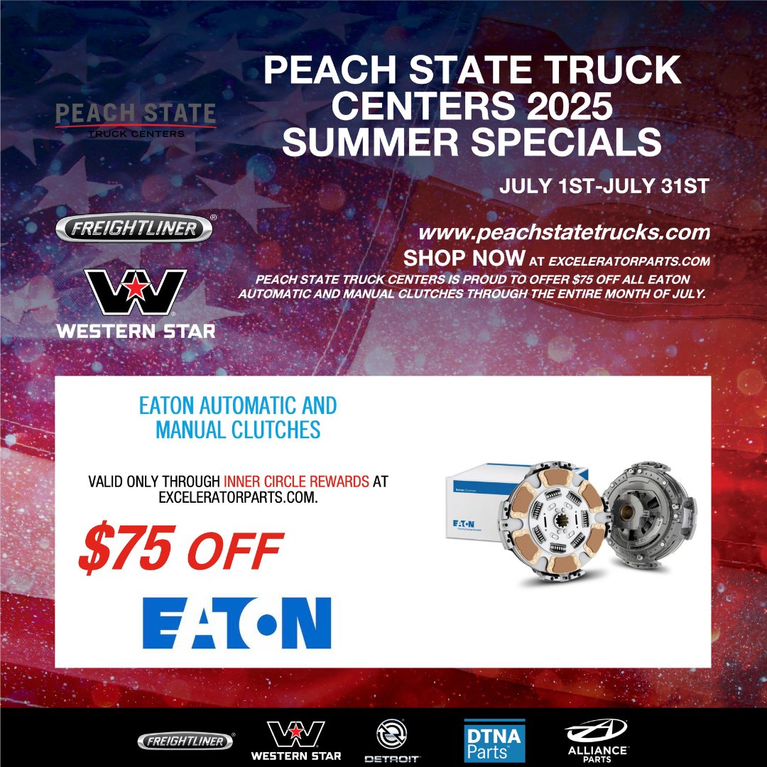 🚨 July Parts Special 🚨

$75 OFF Eaton automatic &amp; manual clutches – valid on hundreds of part numbers through Inner Circle Rewards at ExceleratorParts.com!

Don’t miss this exclusive, limited-time offer from Peach State Truck Centers.

Learn more: bit.ly/4llamry