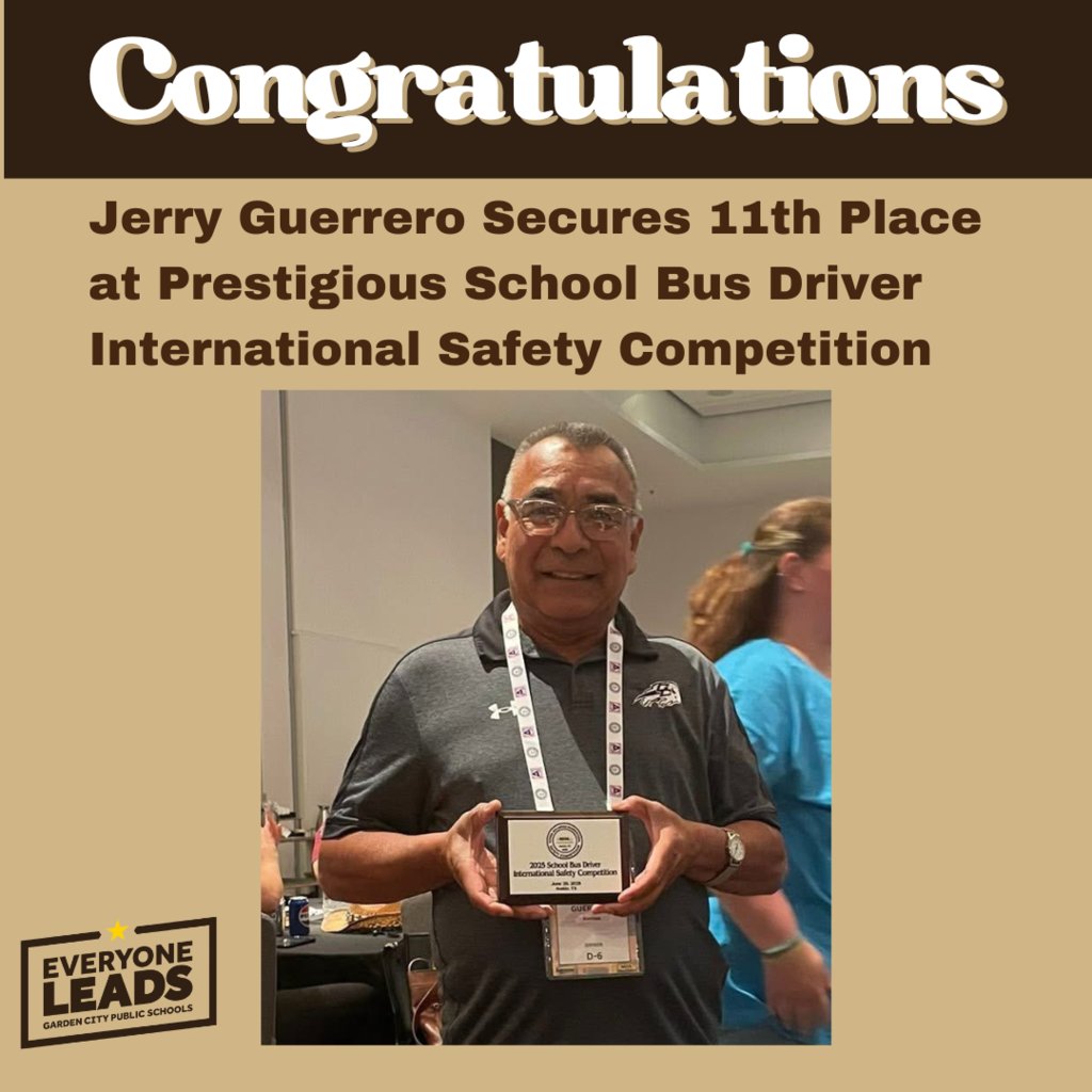 USD 457 school bus driver, Jerry Guerrero, demonstrated skill and professionalism by securing 11th place in the highly competitive 51st Edition of the School Bus Driver International Safety Competition held on June 28-29, in Austin, TX. gckschools.com/article/2296286