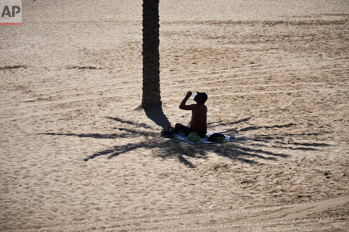 EmilioMorenatti's tweet image. A man takes advantage of the shade of a palm tree to protect himself from the sun while hydrating himself by drinking water, on a hot day at the beach in Barcelona, Spain, Wednesday, July 2, 2025.