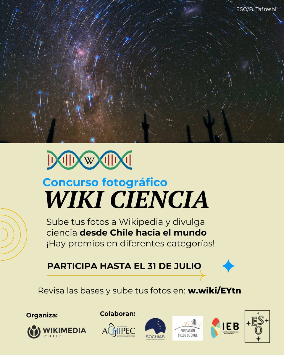 📸 ¡Tus fotos científicas pueden llegar a Wikipedia!

¿Tienes imágenes de ciencia tomadas en Chile? ¡Súbelas al concurso fotográfico #WikiCiencia y ayúdanos a visibilizar el conocimiento científico del país!🌎 

🔗Conoce más en: w.wiki/EYtn