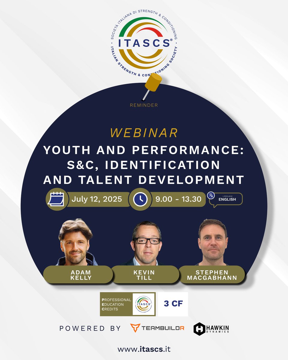 Manca 1 settimana al #webinar  "Giovani e Performance: S&amp;C, Identificazione e Sviluppo del Talento" con Kevin Till, Adam Kelly e Stephen MacGabhann.

Iscrizioni ancora aperte 👉itascs.it/prodotto/giova…